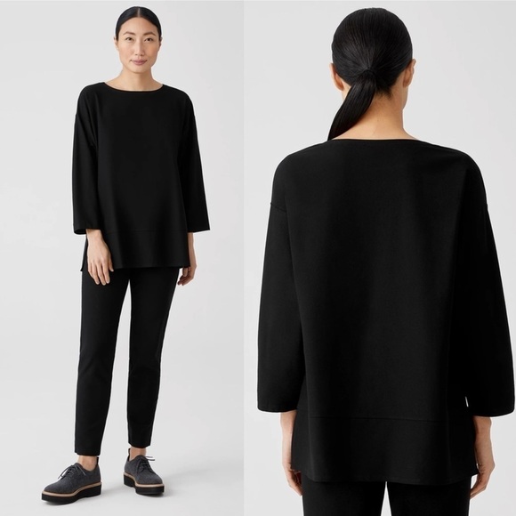Eileen Fisher Black Lightweight Washable Stretch Crepe Top Boxy Fit Long Length - Picture 10 of 10